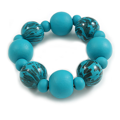 Chunky Wood Bead with Animal Print Flex Bracelet in Turquoise Colour/ Size M