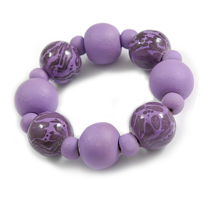 Chunky Wood Bead with Animal Print Flex Bracelet in Lilac Purple/ Size M - main view