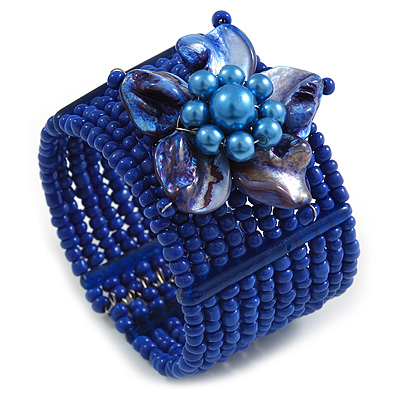 Blue Glass Bead Flex Cuff Bracelet with Shell Flower - M/ L - main view