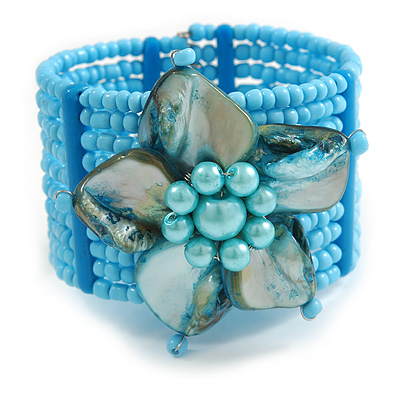Light Blue Glass Bead Flex Cuff Bracelet with Shell Flower - M/ L - main view