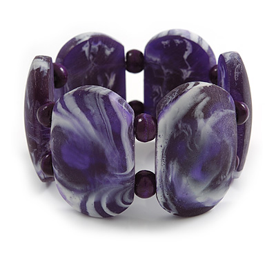 Wide Chunky Resin/ Wood Bead Flex Bracelet in Purple/ White - M/ L - main view