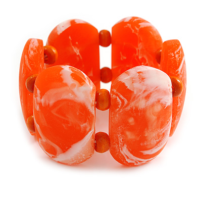 Wide Chunky Resin/ Wood Bead Flex Bracelet in Orange/ White - M/ L