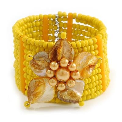 Yellow Glass Bead Flex Cuff Bracelet with Shell Flower - M/ L - main view