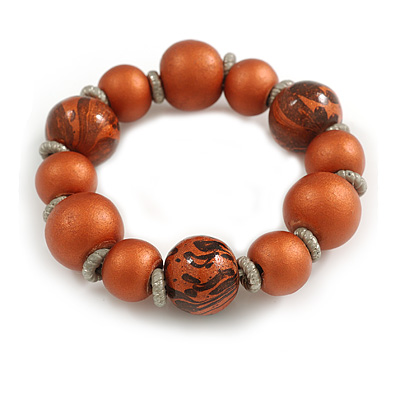 Wood Bead with Animal Print Flex Bracelet in Copper Brown/ Size M