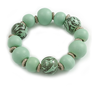 Wood Bead with Animal Print Flex Bracelet in Mint/ Size M - main view