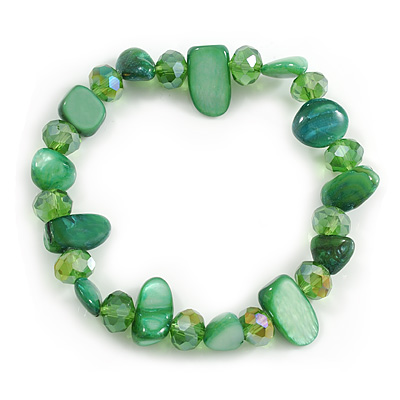 Emerald Green Glass and Sea Shell Bead Flex Bracelet - M/L