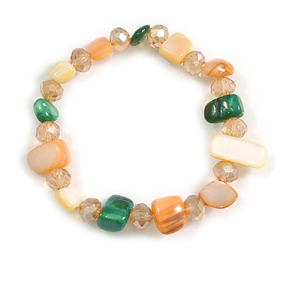 Glass Bead and Sea Shell Nugget Flex Bracelet in Melon Orange/Light Yellow/Green - Size M/L