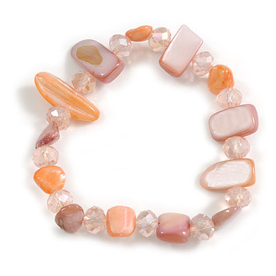 Glass Bead and Sea Shell Nugget Flex Bracelet in Pastel Coral/Pastel Purple - Size M/L - main view