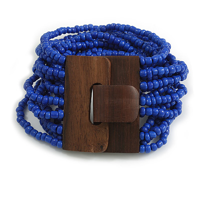 Lapis Blue Glass Bead Multistrand Flex Bracelet With Wooden Closure - 18cm L