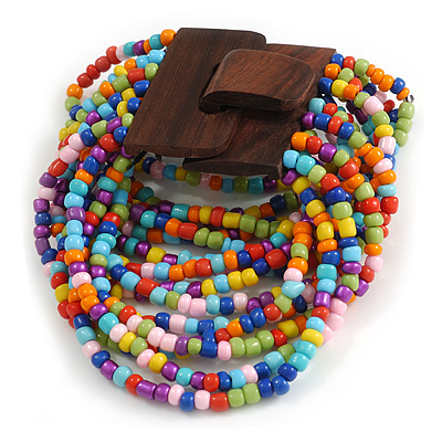 Multicoloured Glass Bead Multistrand Flex Bracelet With Wooden Closure - 18cm L