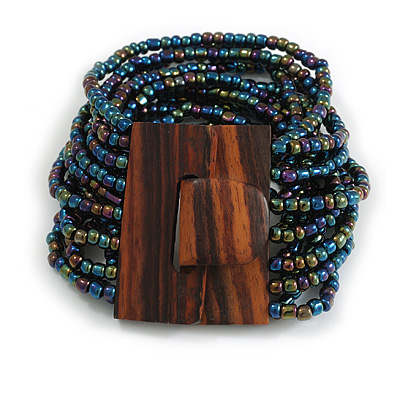Peacock Coloured Glass Bead Multistrand Flex Bracelet With Wooden Closure - 18cm L