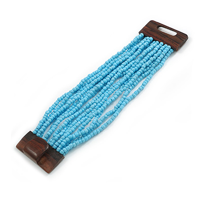 Light Blue Glass Bead Multistrand Flex Bracelet With Wooden Closure - 19cm L