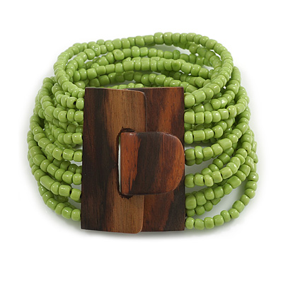 Lime Green Glass Bead Multistrand Flex Bracelet With Wooden Closure - 18cm L