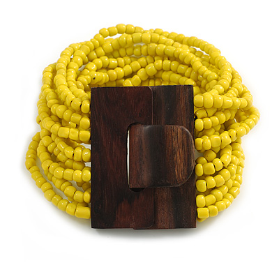 Banana Yellow Glass Bead Multistrand Flex Bracelet With Wooden Closure - 18cm L