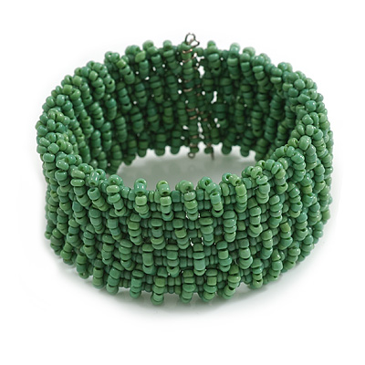 Fancy Apple Green Glass Bead Flex Cuff Bracelet - Adjustable
