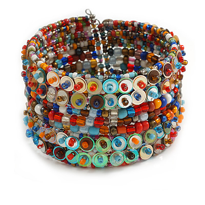 Bohemian Wide Beaded Cuff Bangle with Sequin (Multicoloured) - Adjustable - main view