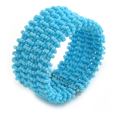 Fancy Light Blue Glass Bead Flex Cuff Bracelet - Adjustable - main view