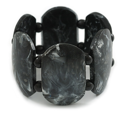 Chunky Resin and Wood Bead Wide Flex Bracelet in Black/ White - M/ L