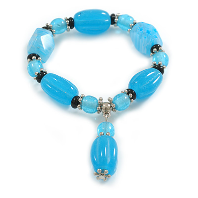 Light Blue/Black Glass and Ceramic Bead Charm Flex Bracelet - 19cm Long - Size M