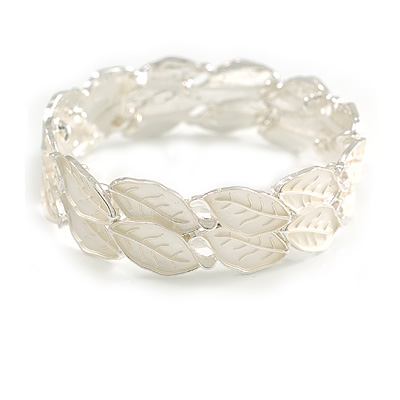 Metallic White Pearl Enamel Leafy Stretch Bracelet in Silver Tone Finish - 18cm L - Medium
