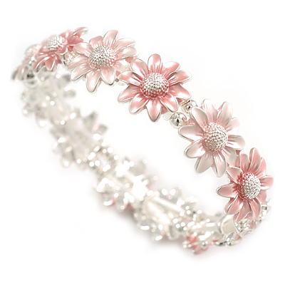 Pastel Pink Enamel Multi Daisy Flex Bracelet in Light Silver Tone - 20cm Long - M/L