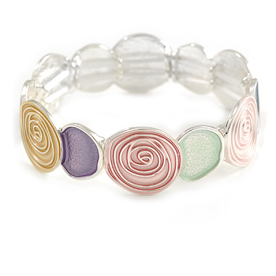 Pastel Multi Enamel Rose Floral Flex Bracelet in Light Silver Tone - 18cm Long - M
