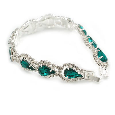 Party/Birthday/Wedding Emerald Green/Clear Diamante Teardrop Element Bracelet In Silver Tone Metal - 17cm Long