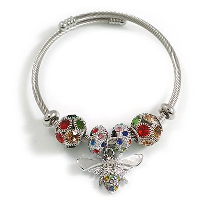 Fancy Charm (Bee, Oval and Round Crystal Beads) Flex Twisted Cable Cuff Bracelet In Silver Tone Metal (Multicoloured) - Adjustable - 18cm L