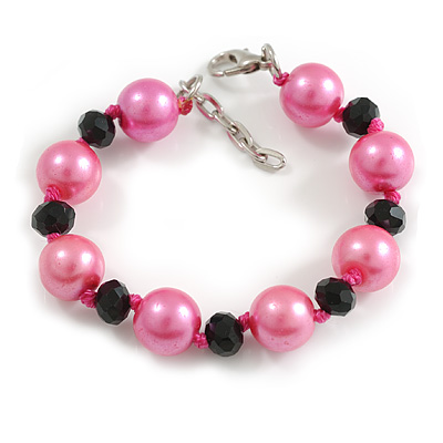12mm D/Pink/Black Glass Bead Bracelet - Size S - 16cm L/3cm Ext (Natural Irregularities)