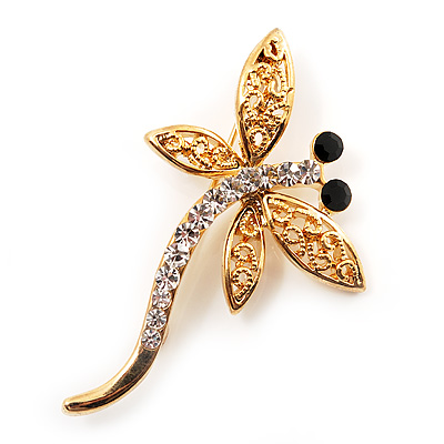 Gold Plated Filigree Crystal Dragonfly Costume Brooch