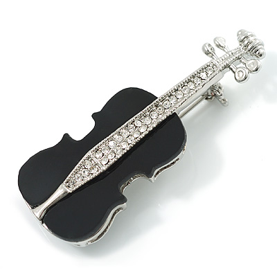 Silver Tone Crystal Violin Costume Brooch