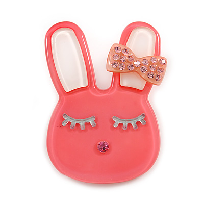Cute Pink Plastic Bunny Brooch With Crystal Bow