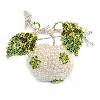 White Simulated Pearl Apple Crystal Brooch - main view