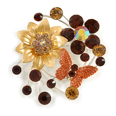 Fancy Butterfly And Flower Brooch (Gold & Light Citrine)