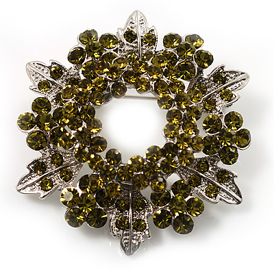 Olive Green Crystal Wreath Brooch - main view