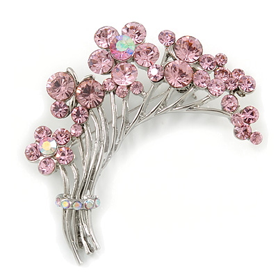 Flower And Butterfly Cluster Crystal Brooch (Pink)