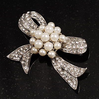 Crystal Faux Pearl Bow Brooch