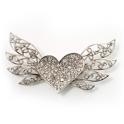 Heart & Wings Clear Crystal Fashion Brooch - main view