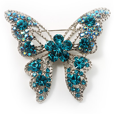Dazzling Light Blue Crystal Butterfly Brooch - main view