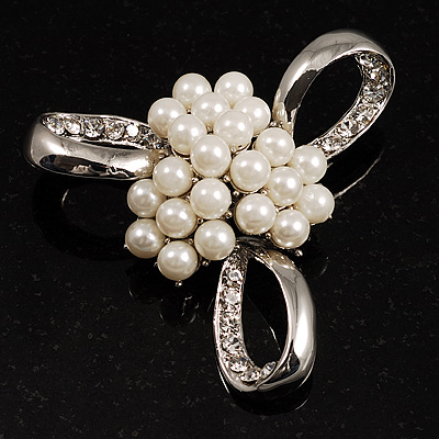 Fancy Simulated Pearl Bow Brooch - main view