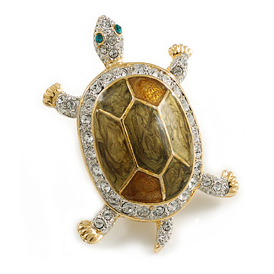 Fortunate Crystal Enamel Turtle Brooch (Gold&Olive)
