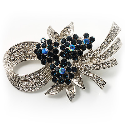 Stunning Bow Corasge Crystal Brooch (Clear&Navy Blue) - main view