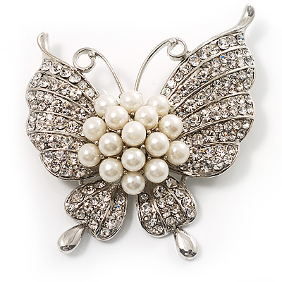 Exquisite Imitation Pearl Crystal Butterfly Brooch
