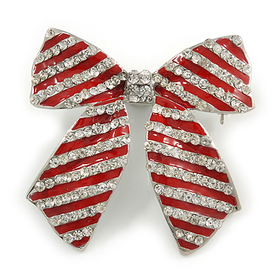 Large Enamel Crystal Bow Brooch (Red) - main view