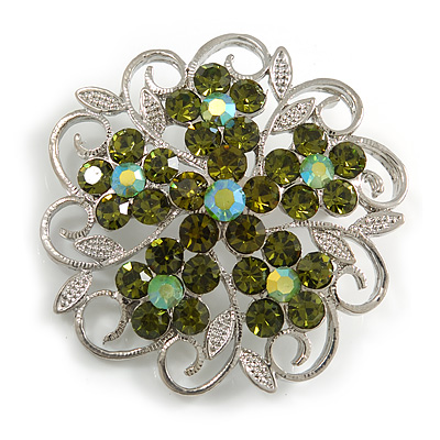 Green Crystal Filigree Floral Brooch