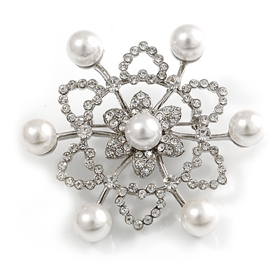 Rhodium Plated Faux Pearl Crystal Snowflake Brooch