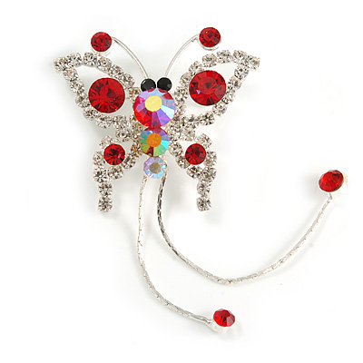 Red Crystal Butterfly With Dangling Tail Brooch - main view