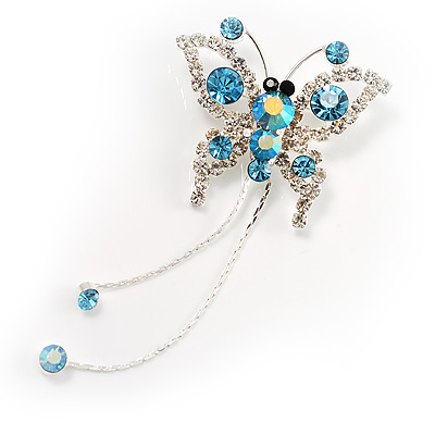 Blue Crystal Butterfly With Dangling Tail Brooch
