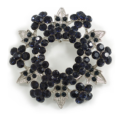Navy Blue Crystal Wreath Brooch in Silver Tone - 50mm Diameter - main view