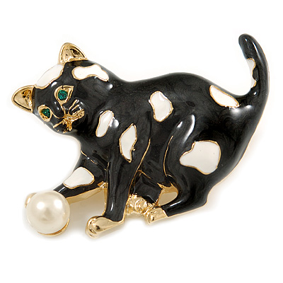 Black Enamel Cat&Ball Brooch